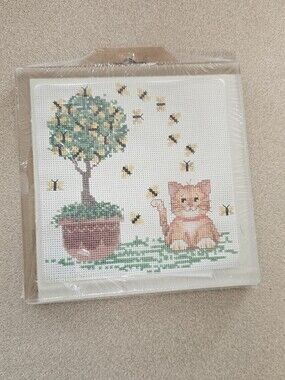 Cat Kitten Cross Stitch Kit Acrylic Coaster Frame Clear Plastic Needlepoint DIY